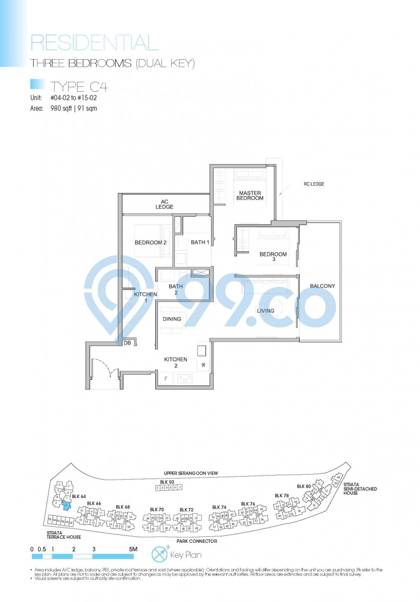 Type C4 - 3-bedroom (dual key). 980 sqft | 91 sqm