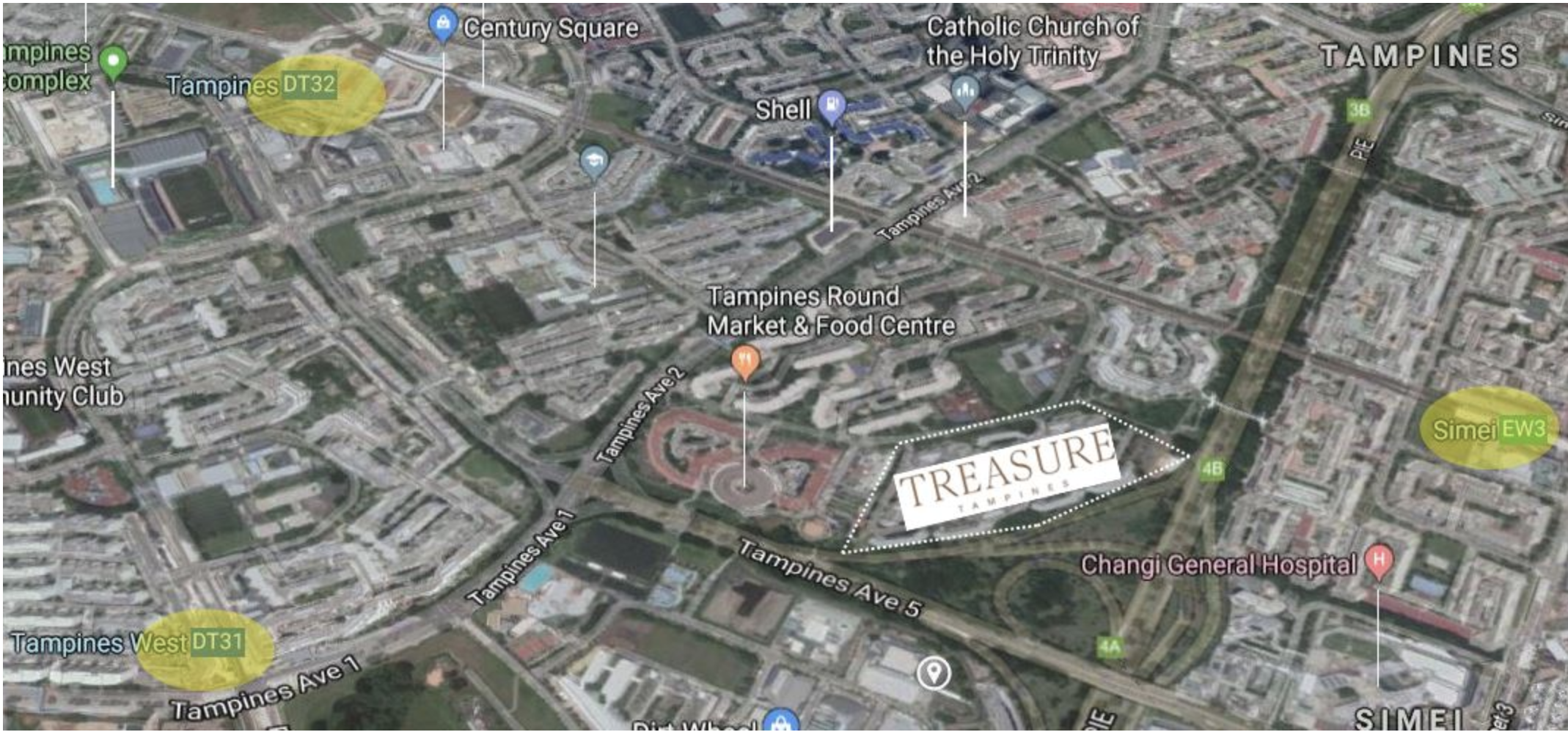 Treasure at Tampines surrounding amenities like MRT stations, malles, hospitals.