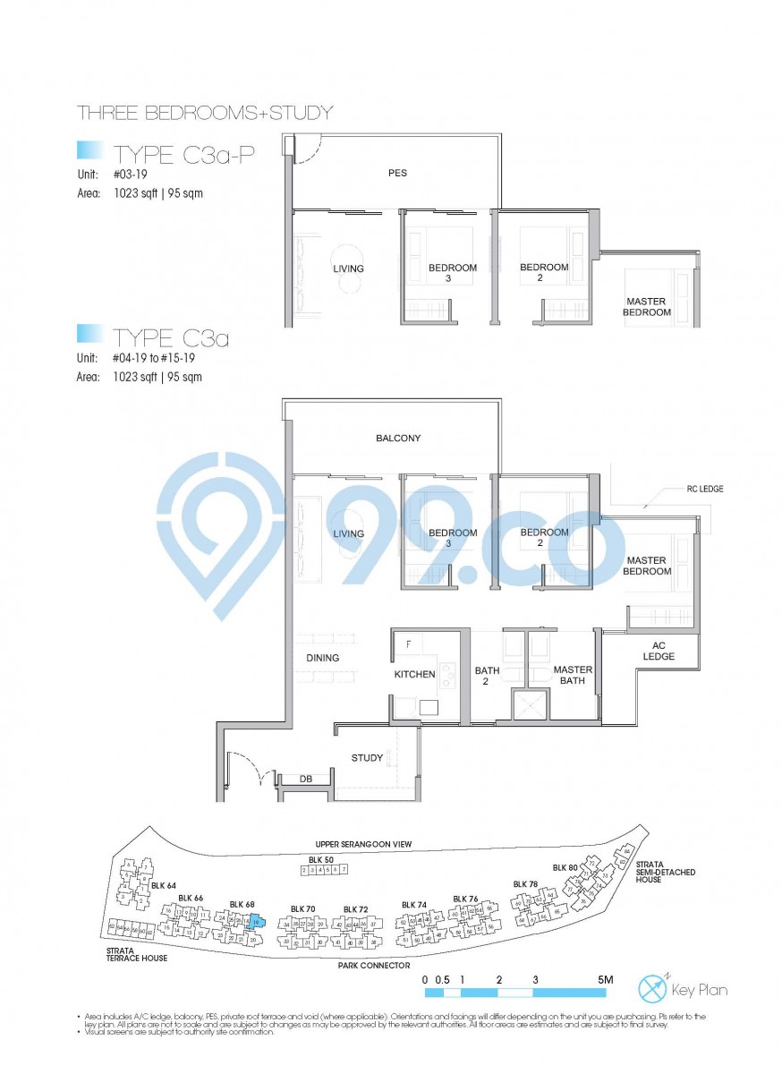 Type C3a-P - 3-bedroom with a study. 1023 sqft | 95 sqm