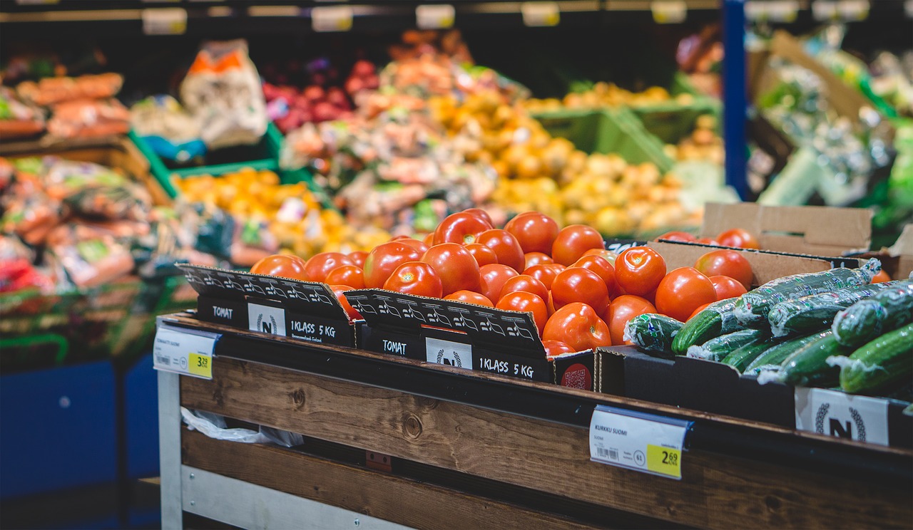 Various fresh fruits and vegetables at a supermarket